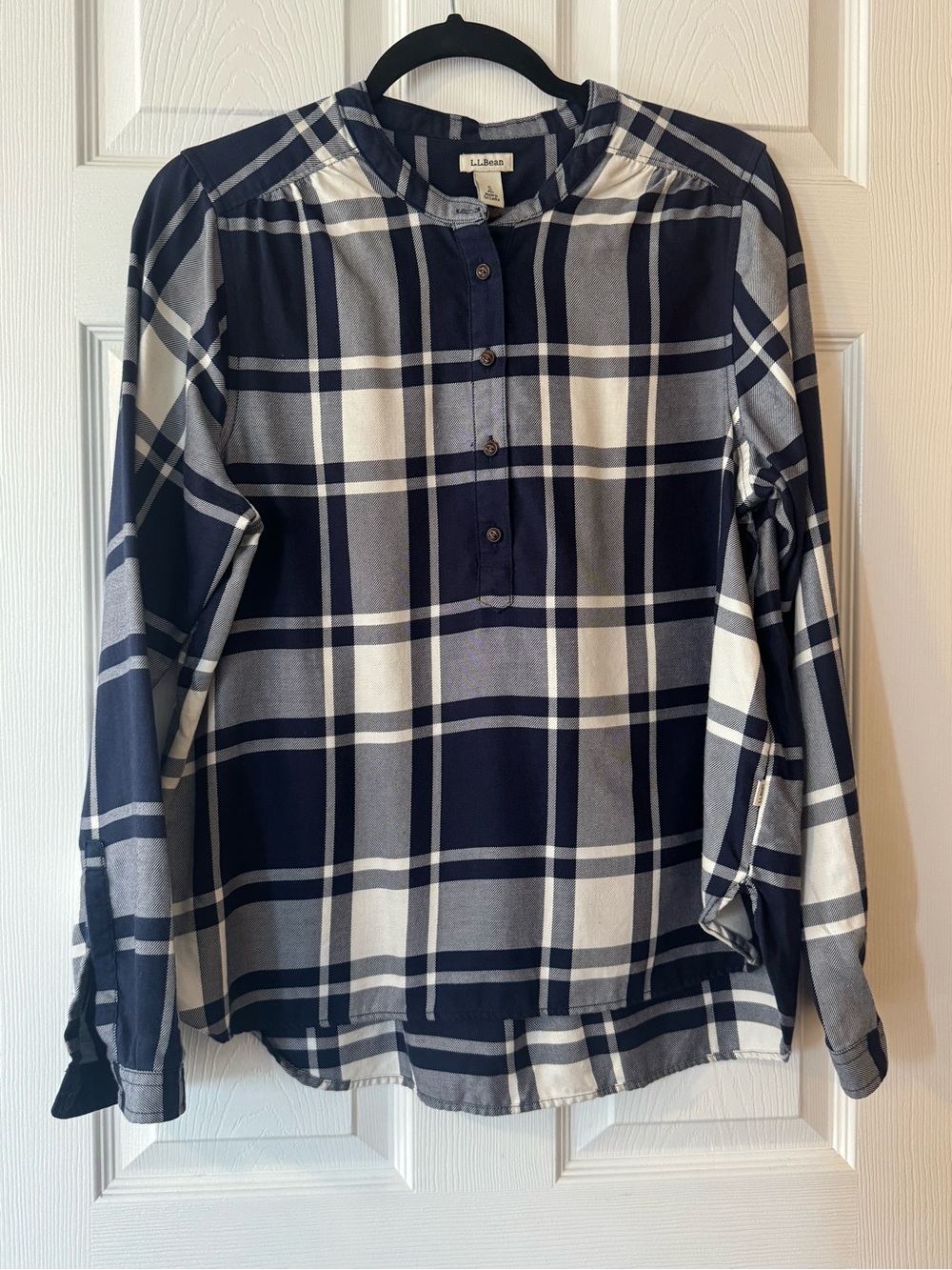 L.L. Bean Women's Navy and White Plaid Henley Button-Front Shirt Sz S
